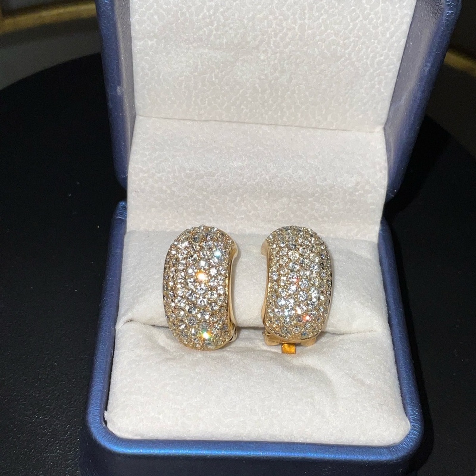 Christian Dior Vintage Pave Crystal Gold Huggie Clip-On Earrings Signed Euc